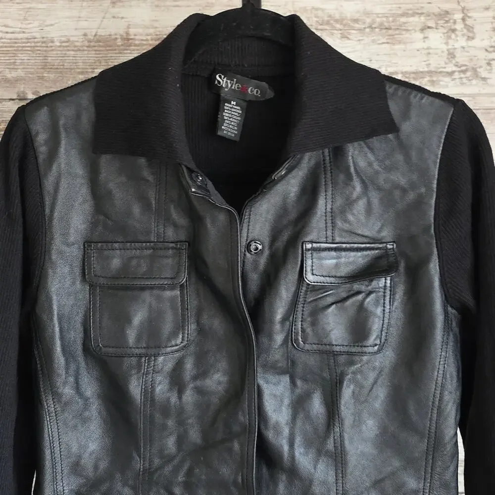 Style & Co. Black Leather Knit Sweater Jacket Womens Size Medium